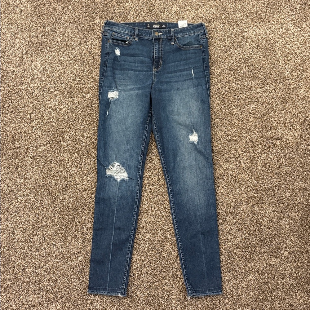 Hollister Women's Distressed Skinny Jeans - Dark Blue
